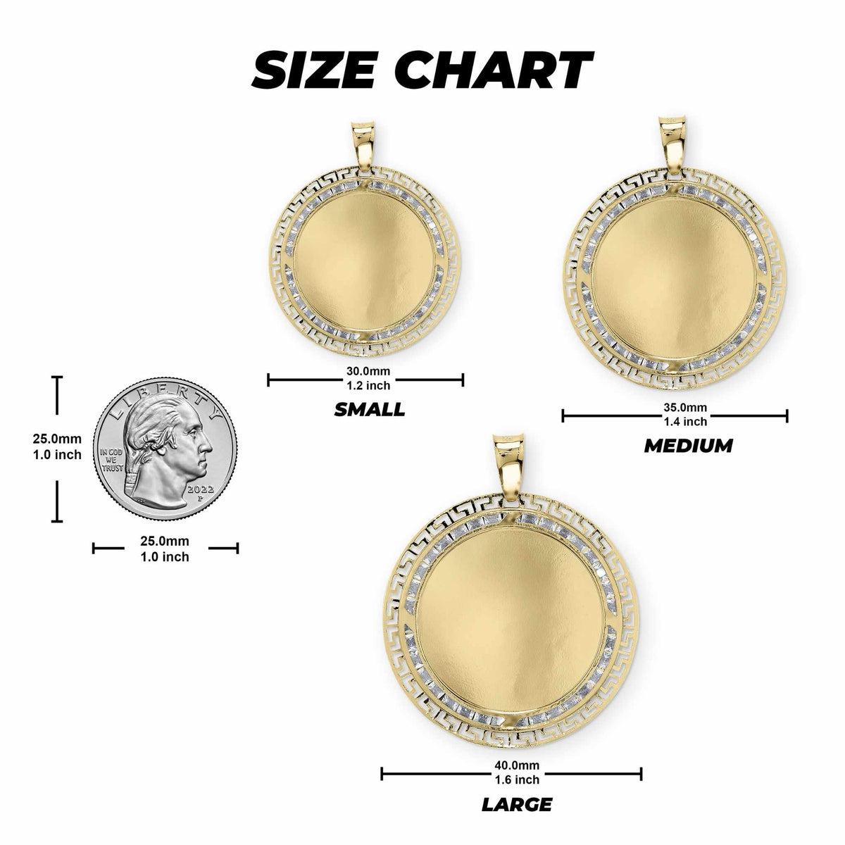 Size chart graphic displaying small, medium, and large gold memorial pendant dimensions.