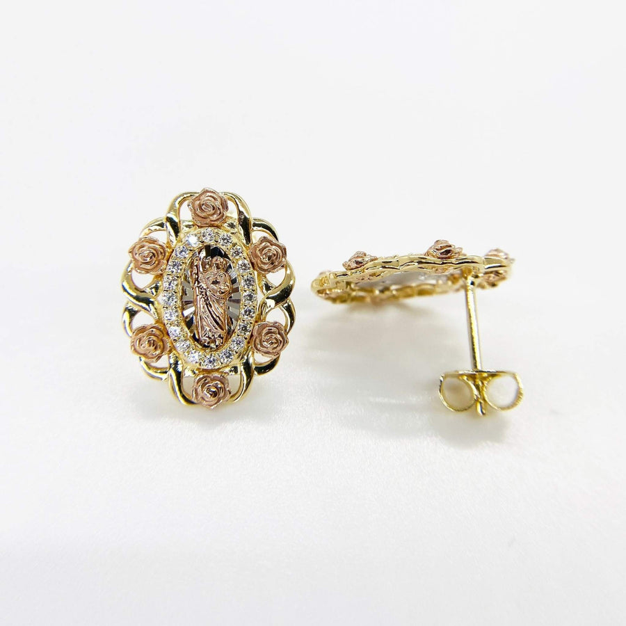 Tri-color gold San Judas oval stud earrings featuring delicate rose accents and sparkling stones.