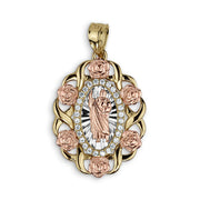 Tri-color gold San Judas pendant charm with rose gold flowers and CZ halo.