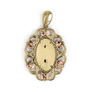 Back view of gold San Judas pendant with textured mesh details and rose gold accents.