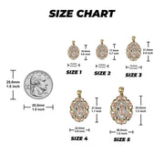Size chart comparing gold San Judas oval pendants in five sizes next to a quarter.