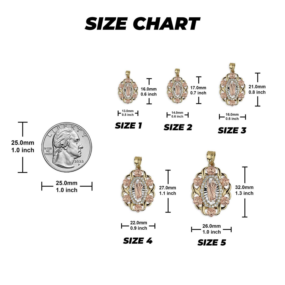 Size chart comparing gold San Judas oval pendants in five sizes next to a quarter.