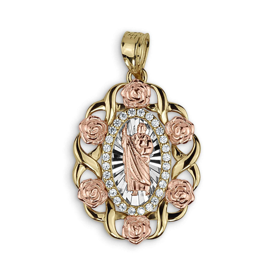 Product photo showcasing the detailed 10k & 14k Gold San Judas Bloom Rose Tri-Color Round Pendant.