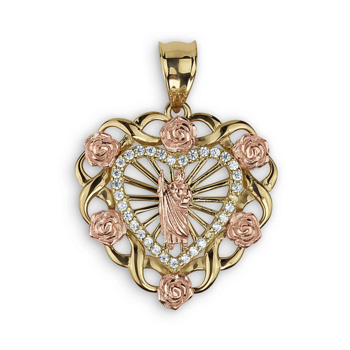Detailed front view of a gold San Judas religious pendant surrounded by rose gold flowers and CZ stones.