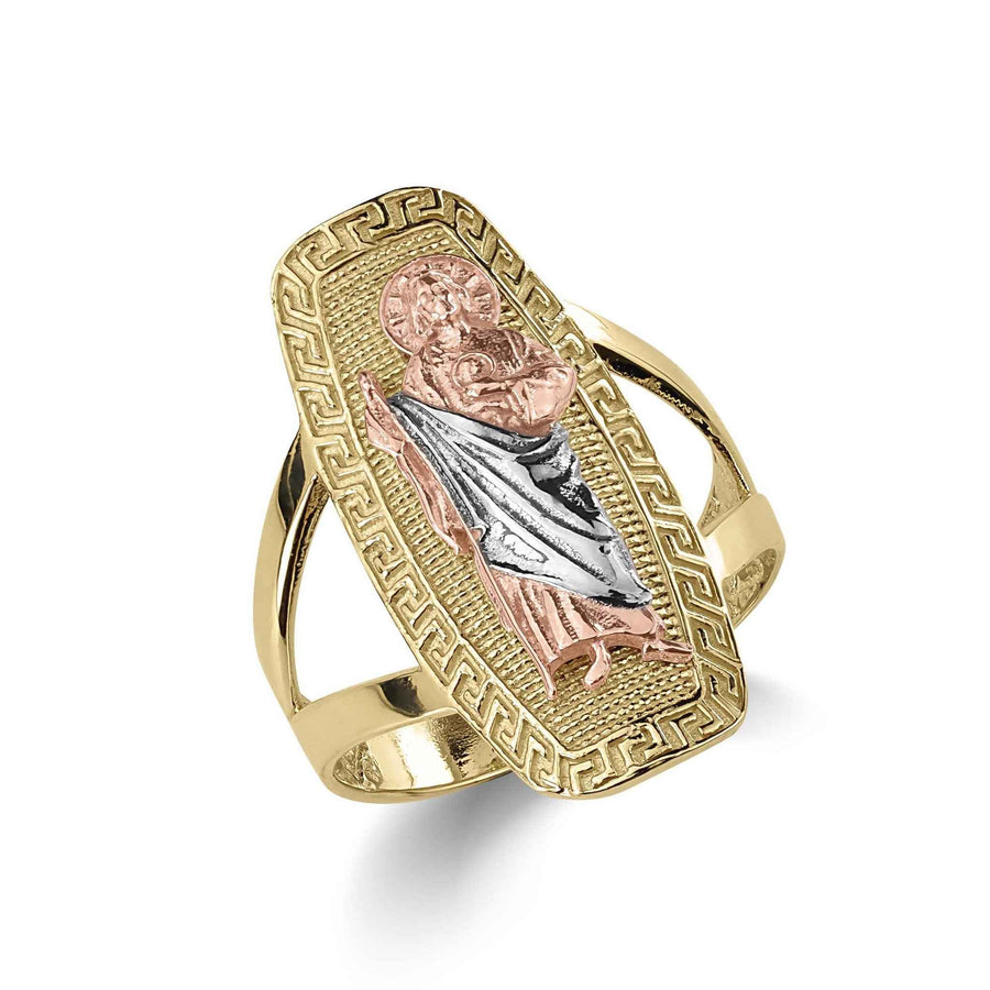 Tricolor gold San Judas Tadeo rounded rectangle ring with Greek key border on white.