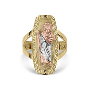 Tri-color gold San Judas Tadeo religious signet ring isolated on white background.
