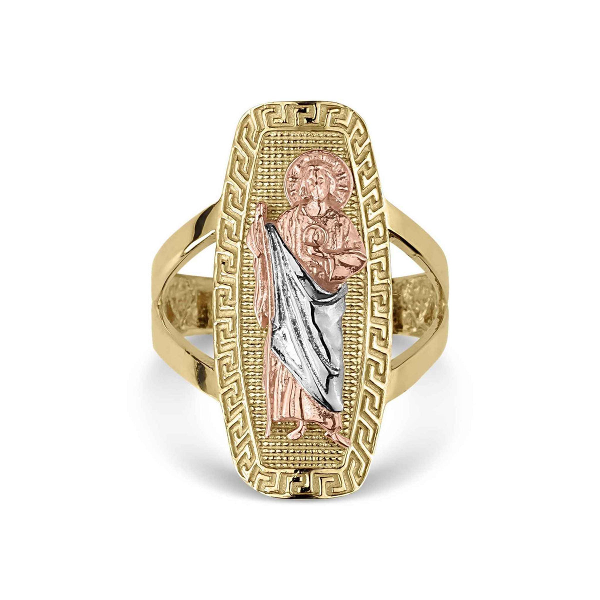 Tri-color gold San Judas Tadeo religious signet ring isolated on white background.