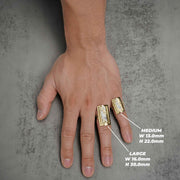 10k gold San Judas rectangle ring size chart displaying medium and large finger dimension scales.