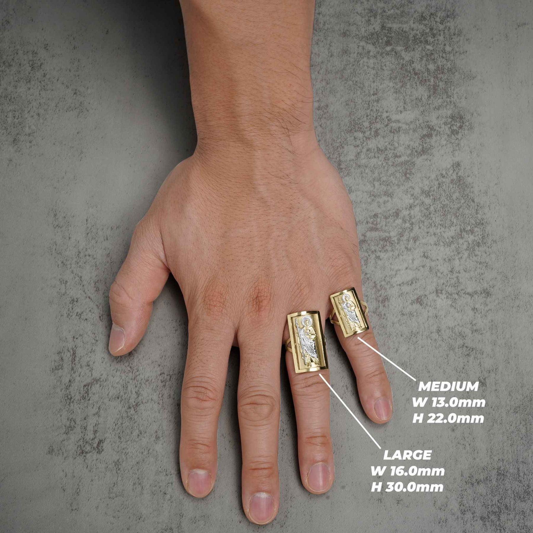 10k gold San Judas rectangle ring size chart displaying medium and large finger dimension scales.