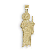 Back view of a two-tone 10k or 14k gold San Judas pendant on white.