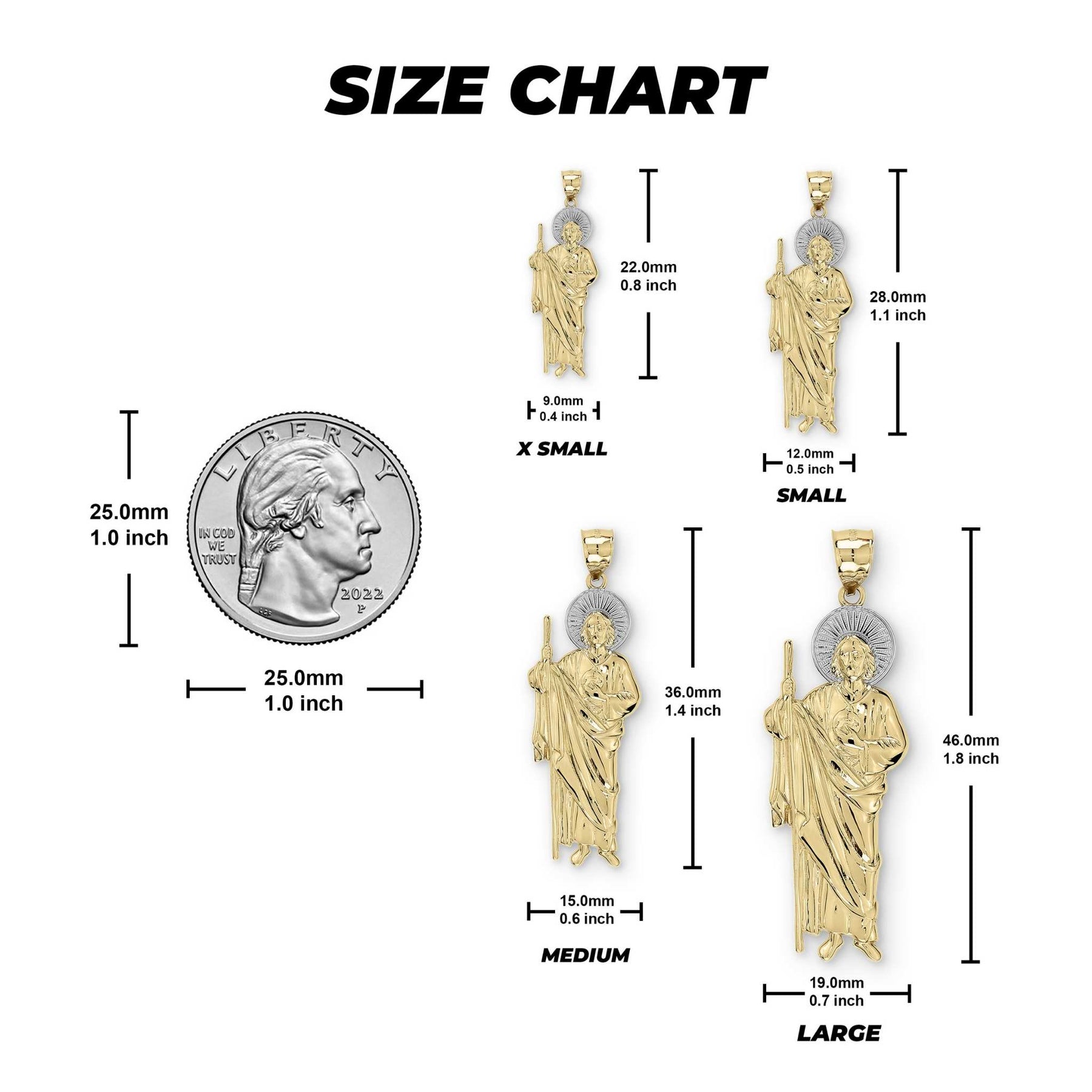 Size chart graphic displaying dimensions for four San Judas pendant sizes with a quarter.