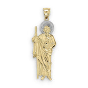 Two-tone 10k or 14k gold San Judas pendant with a textured silver halo on white.