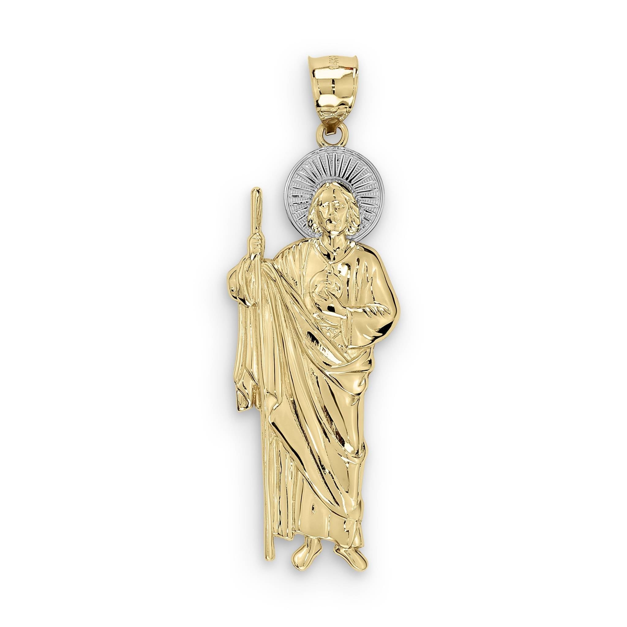 Two-tone 10k or 14k gold San Judas pendant with a textured silver halo on white.