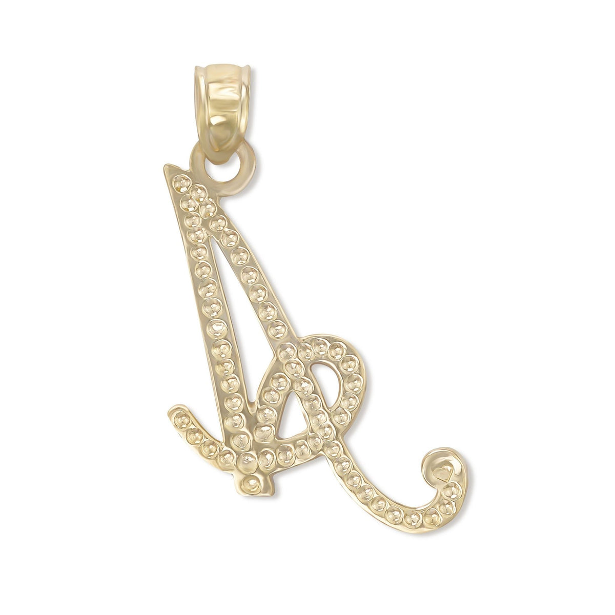 Back view of a gold cursive letter A pendant charm showing a textured surface.