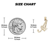 Size chart comparing a gold cursive letter A pendant to a US quarter.