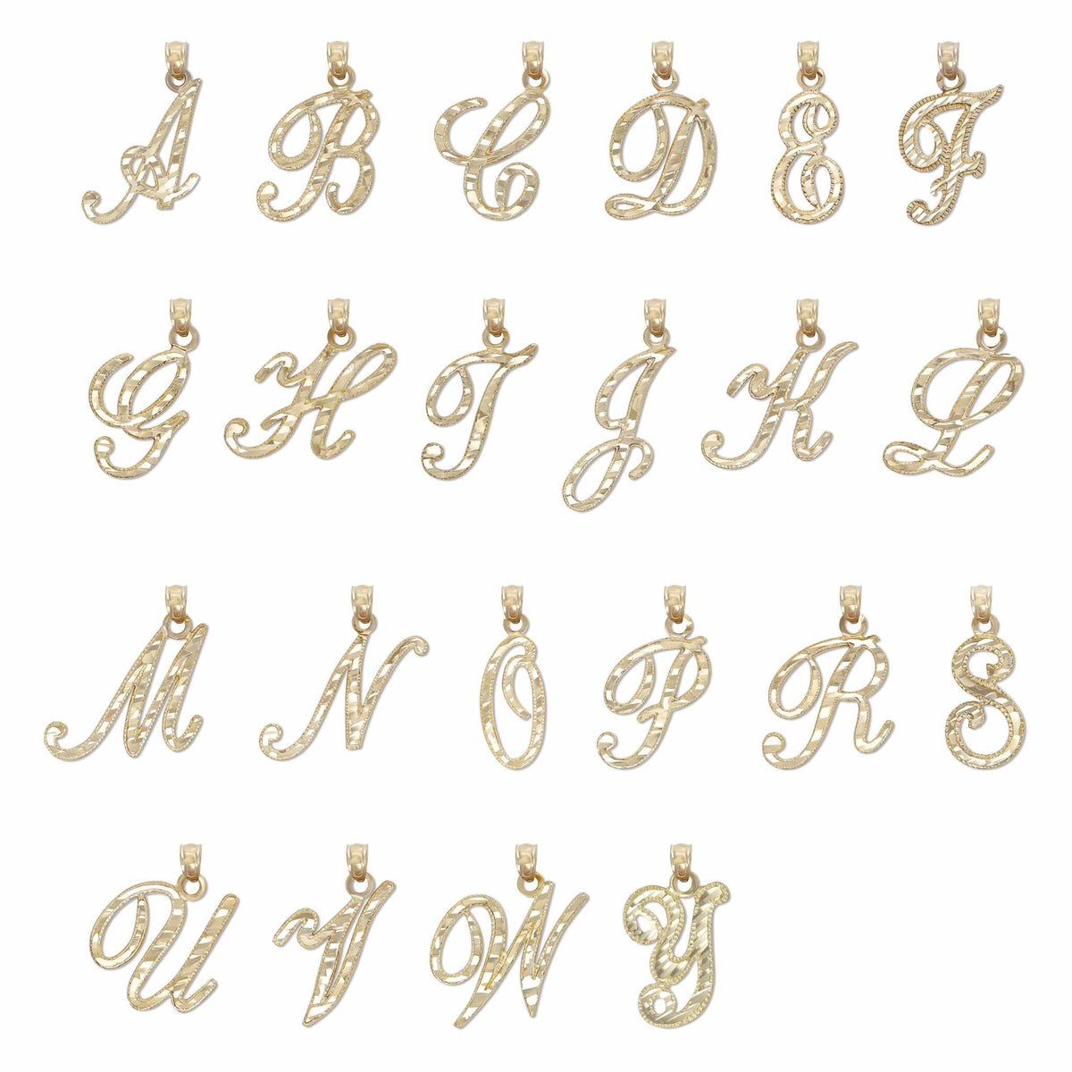 Grid of gold cursive initial pendants showing letters A through Y.