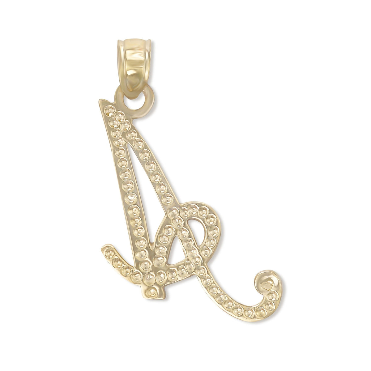 The textured hollow back of the gold cursive initial pendant against a white background.