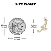Size chart displaying millimeter and inch measurements for the gold cursive initial pendant next to a U.S. quarter.