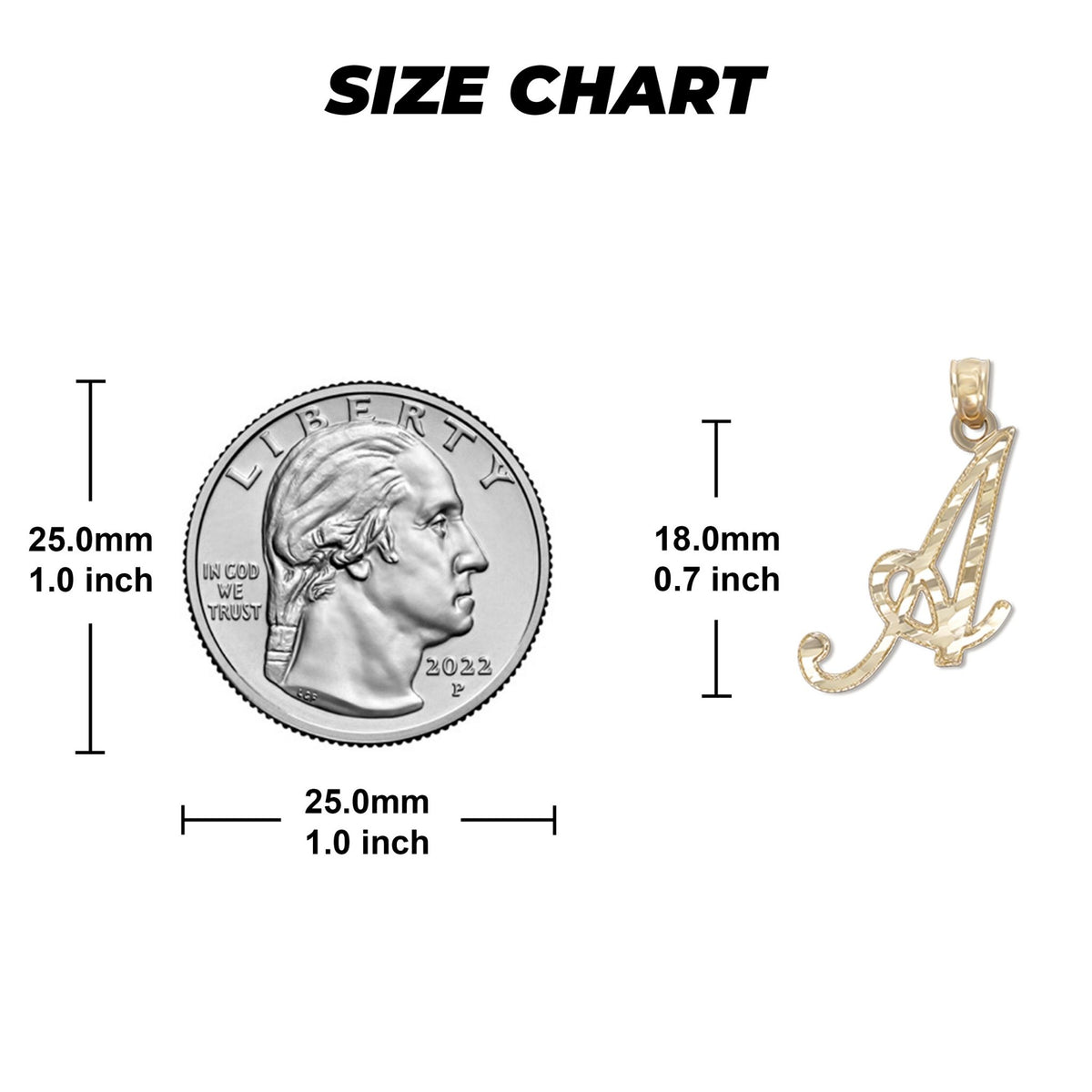 Size chart displaying millimeter and inch measurements for the gold cursive initial pendant next to a U.S. quarter.