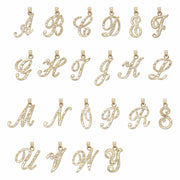 A grid of gold cursive alphabet pendant charms arranged from letter A through Y on a white background.