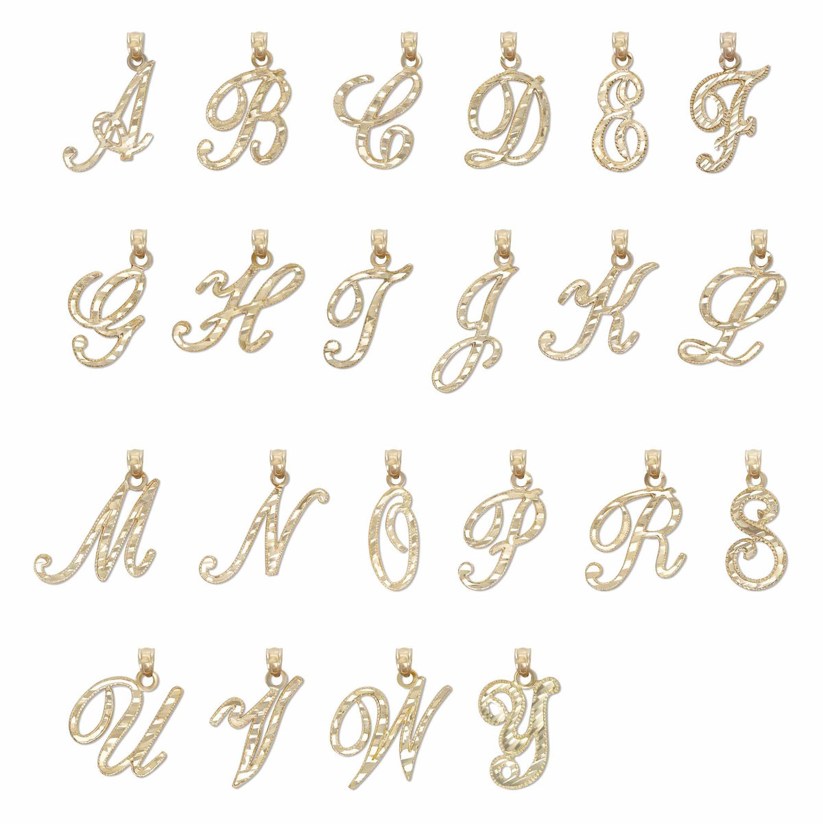A grid of gold cursive alphabet pendant charms arranged from letter A through Y on a white background.