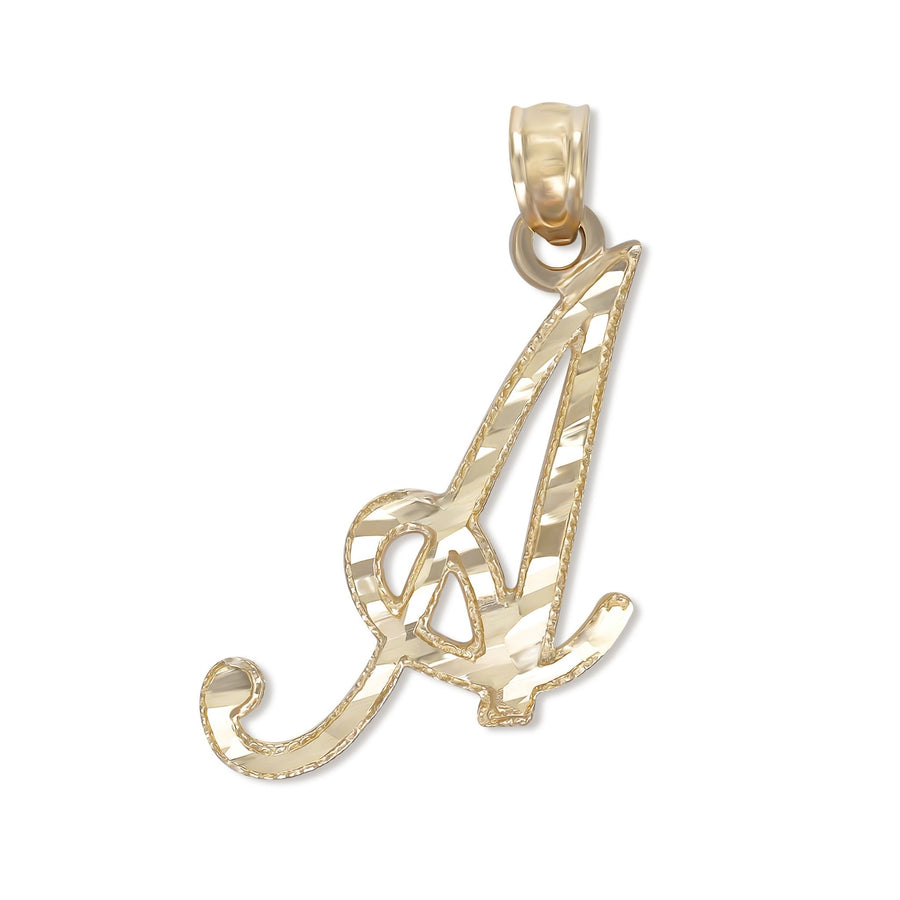 A diamond-cut yellow gold cursive initial pendant shaped like the letter 'A' on white.