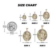 Size chart graphic displaying five gold oval pendants with dimensions compared to a coin.
