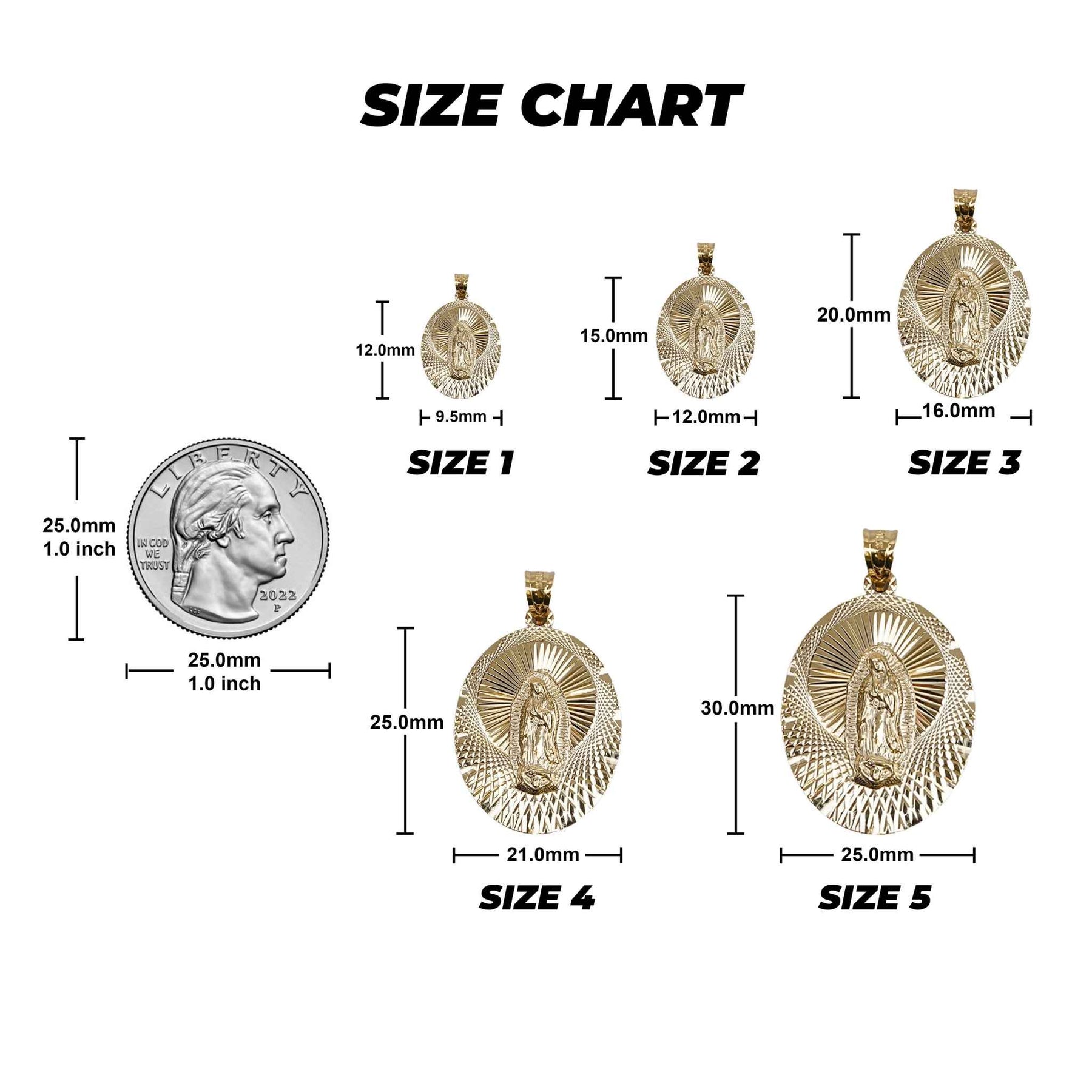 Size chart comparing five gold Solia Virgin Mary featherlight oval pendants to a US quarter
