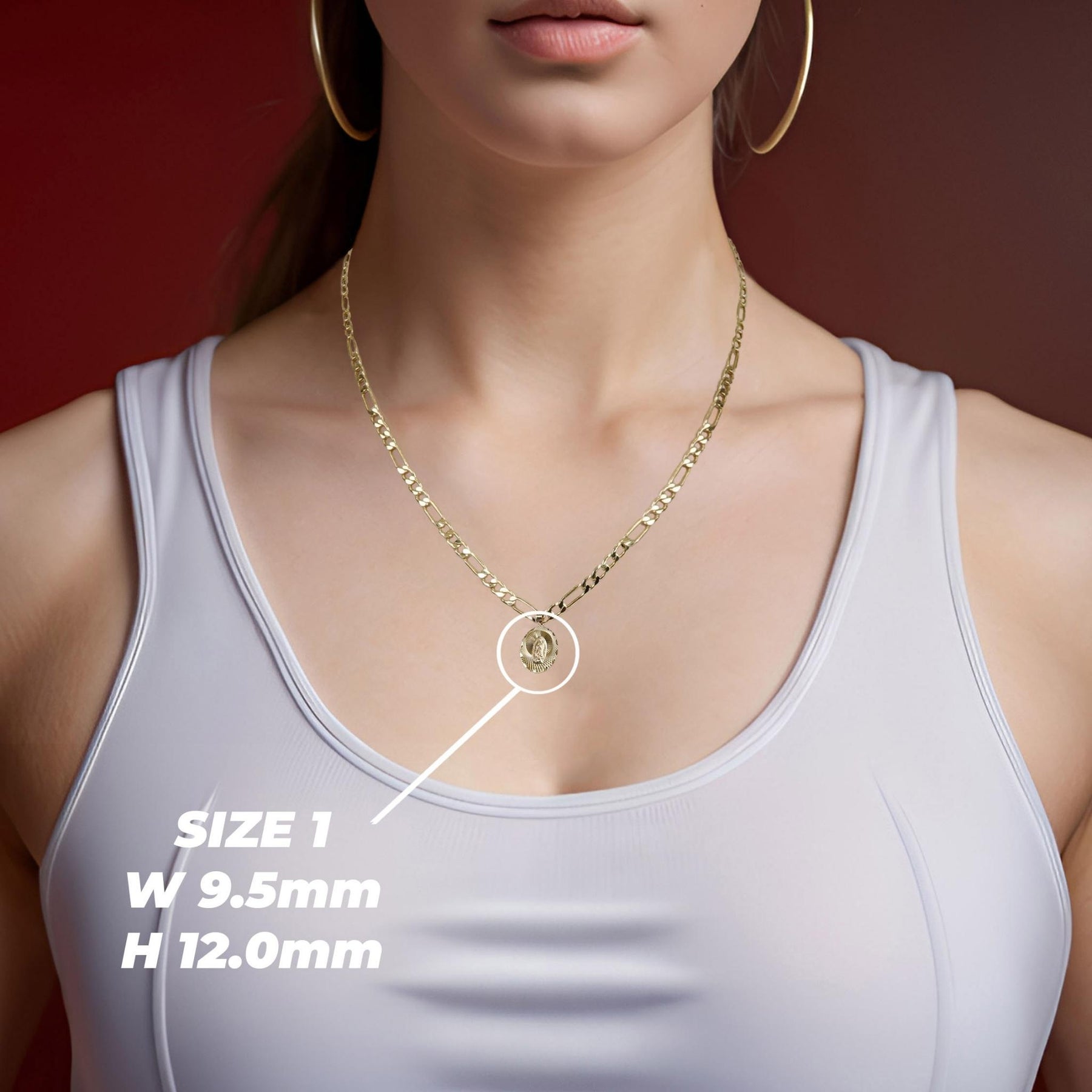 Model wearing Size 1 yellow gold Virgin Mary oval pendant with dimensions label.