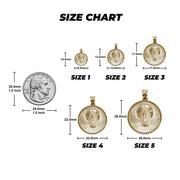 Gold pendant size chart displaying five circular Virgin Mary medallions with coin reference.