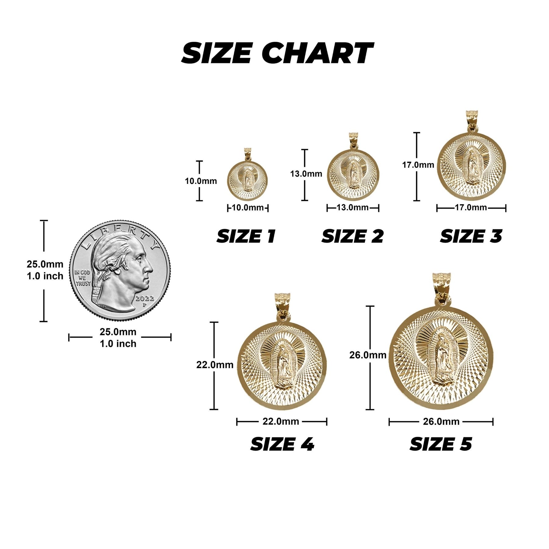 Gold pendant size chart displaying five circular Virgin Mary medallions with coin reference.