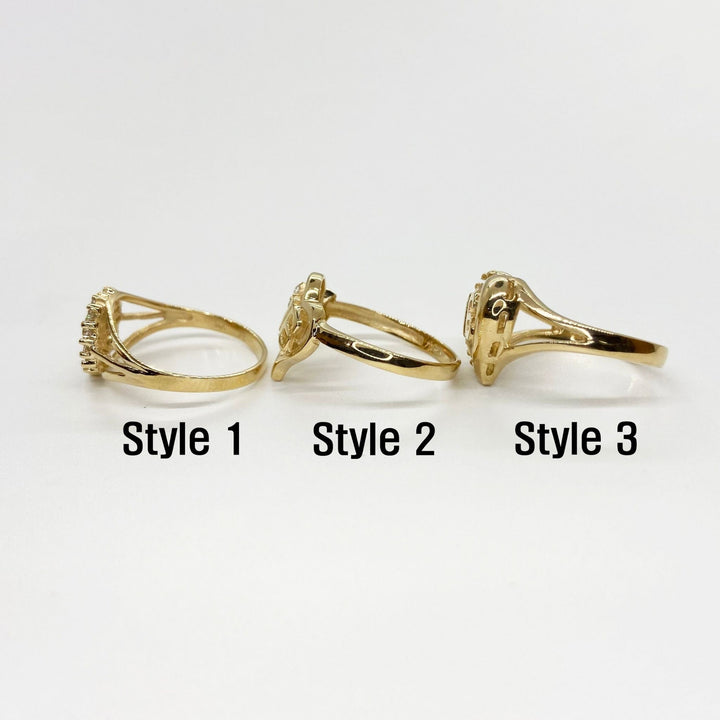 Three 10k - 14k gold Sweet 16 Heart rings side view with different styles.