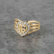 10k - 14k Gold ring with heart design and number 16 on a gray background