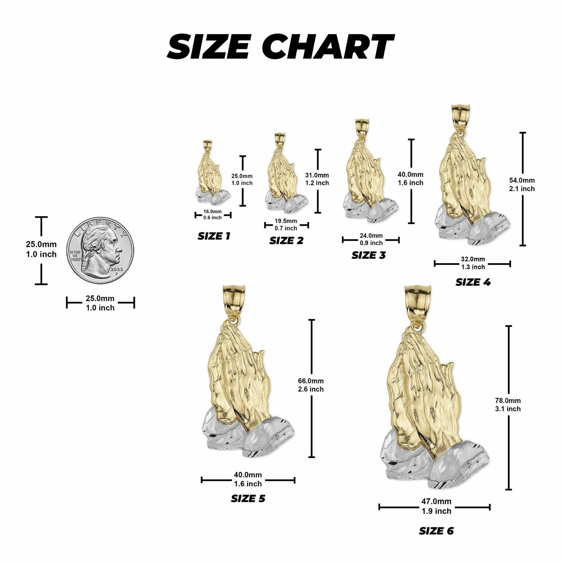 Size chart showing six gold praying hands pendant sizes with coin comparison.