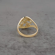 10k - 14k Gold ring with floral design  back view on a gray surface