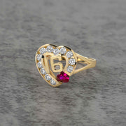 10k - 14k gold ring with heart design, number 16, and red cubic zirconia