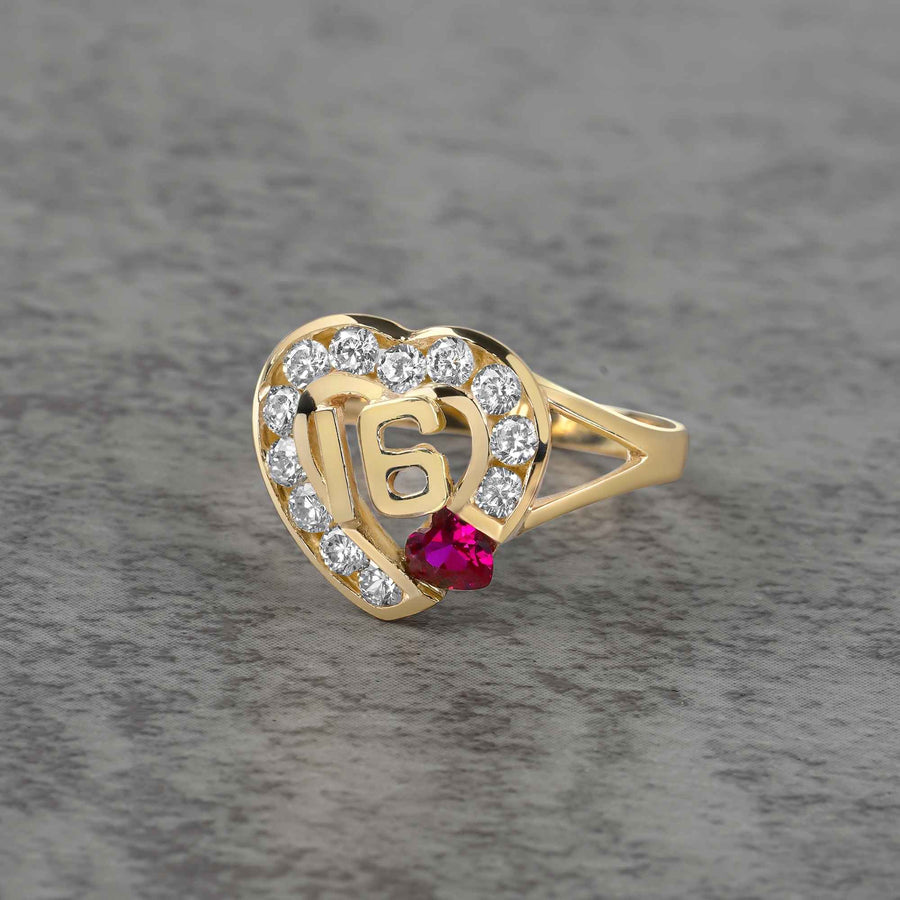 10k - 14k gold ring with heart design, number 16, and red cubic zirconia
