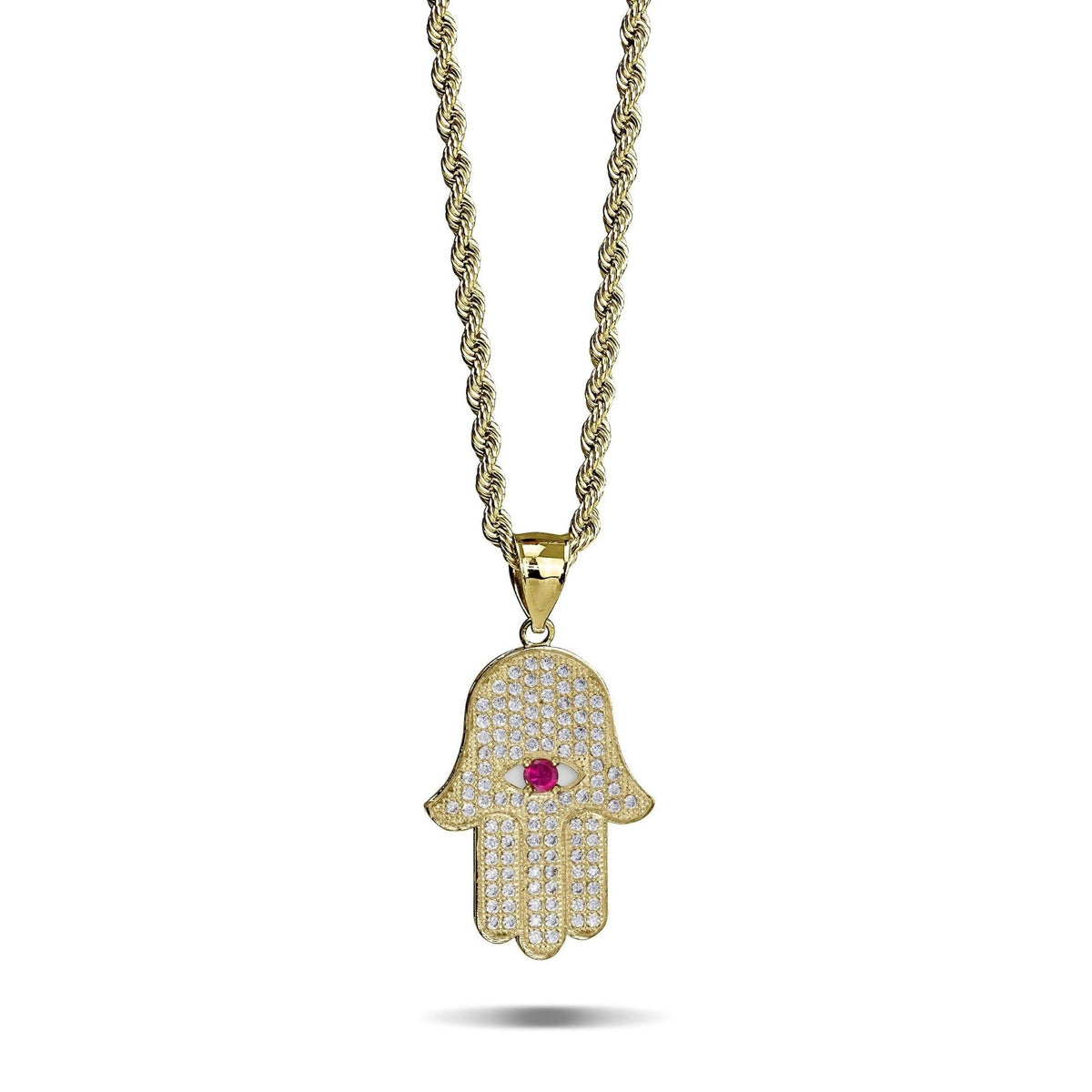 10k solid yellow gold Hamsa hand CZ evil eye pendant necklace on white background.
