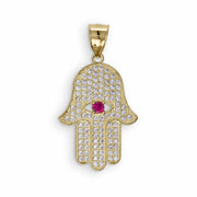 10k solid yellow gold Hamsa hand CZ evil eye pendant isolated on white background
