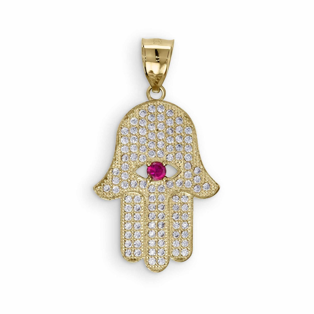 10k solid yellow gold Hamsa hand CZ evil eye pendant isolated on white background