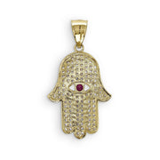 Reverse back side view of 10k solid yellow gold Hamsa hand CZ pendant necklace.