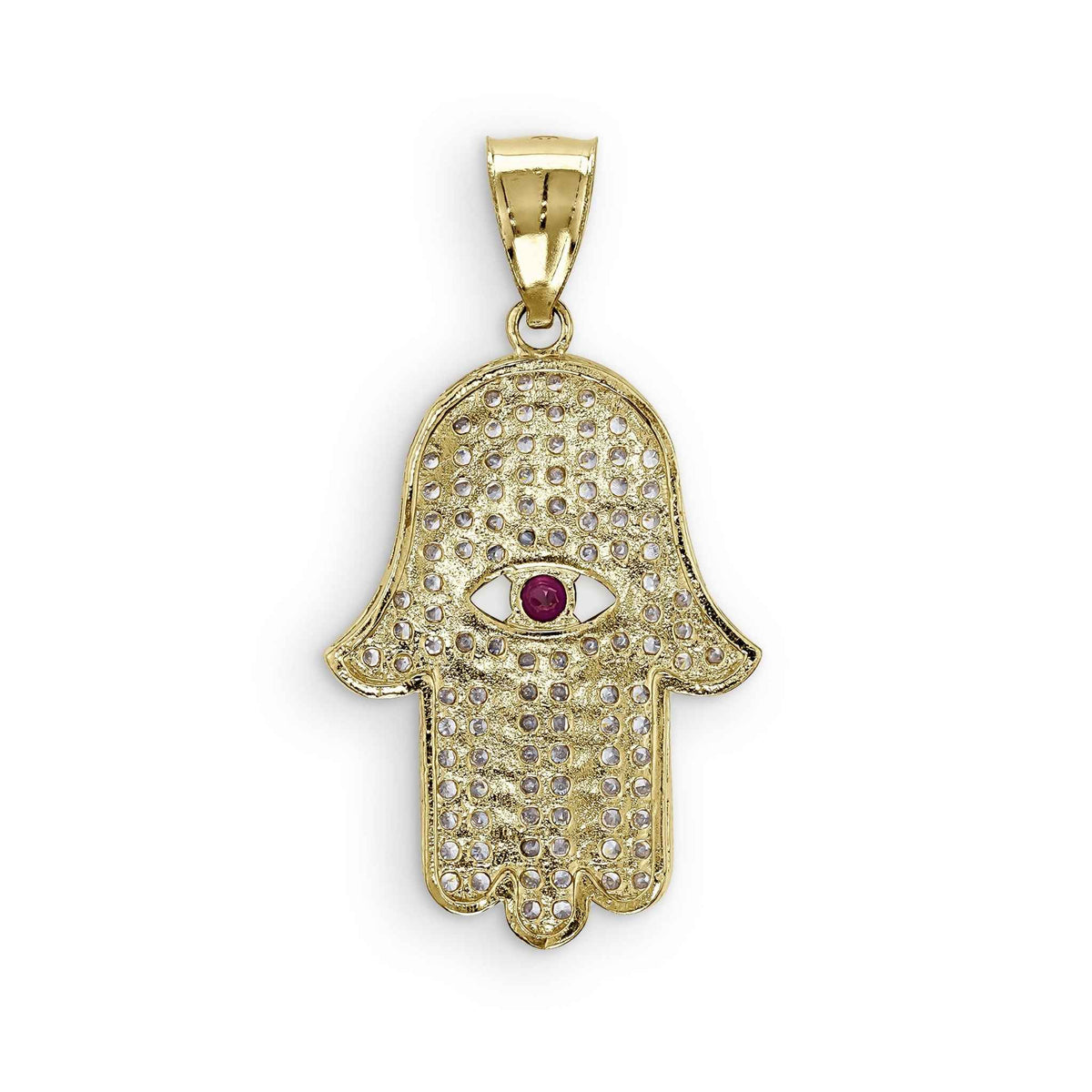 Reverse back side view of 10k solid yellow gold Hamsa hand CZ pendant necklace.
