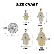 Gold Hamsa hand pendant size guide displaying Sizes 1 to 4 with millimeter and inch dimensions.