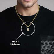 Model wearing Size 1 19mm 10k solid gold Hamsa hand CZ evil eye pendant necklace.