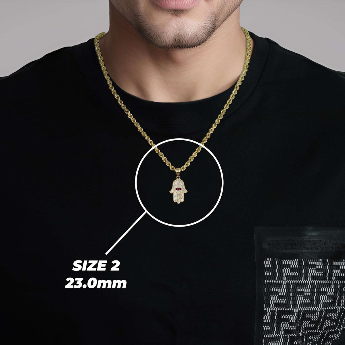 Man wearing a gold rope chain necklace with a Hamsa hand pendant labeled Size 2 23.0mm.