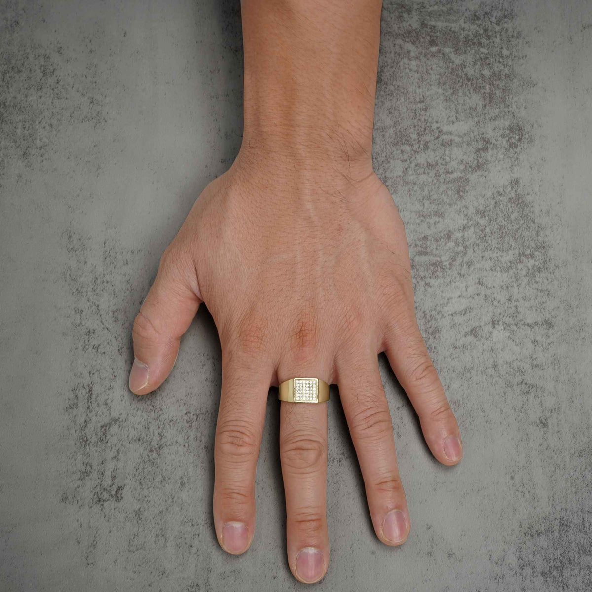 10k & 14k Square Signet Bling Classic Ring shown on a model's ring finger.