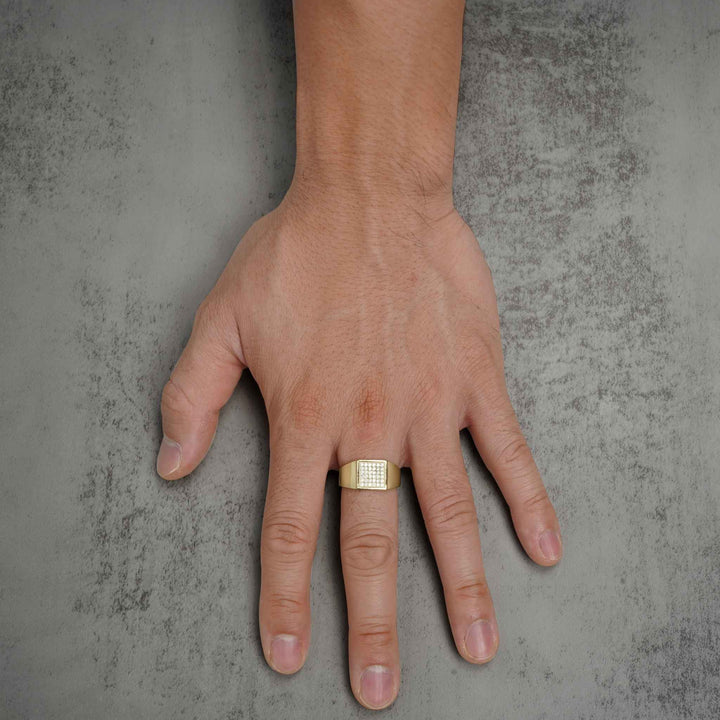10k & 14k Square Signet Bling Classic Ring shown on a model's ring finger.