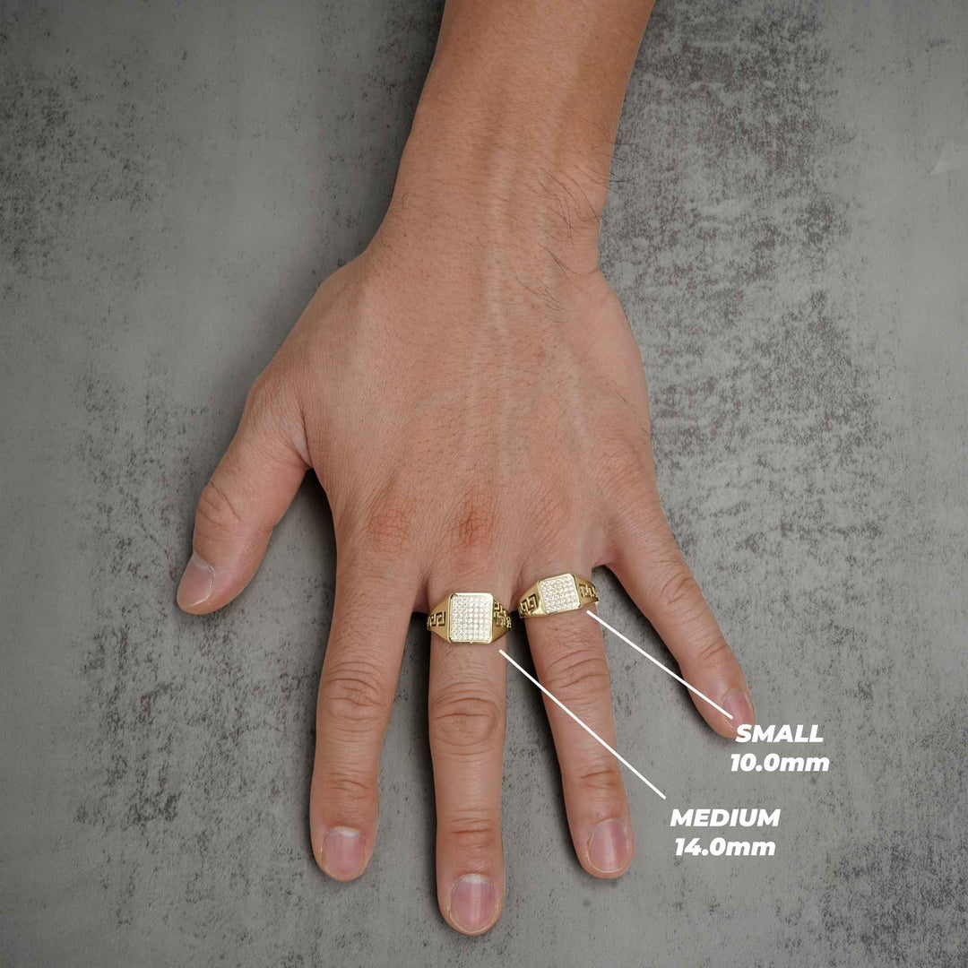 Top-down view of a hand wearing two different-sized gold signet rings.