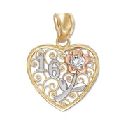 Tricolor gold heart filigree Sweet 16 pendant with CZ flower on white background.