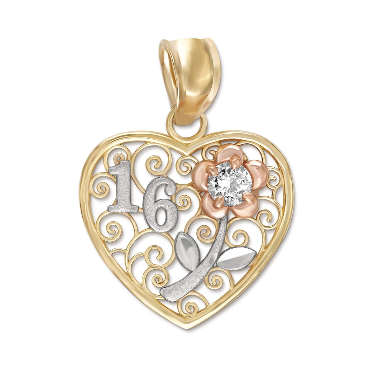 Tricolor gold heart filigree Sweet 16 pendant with CZ flower on white background.